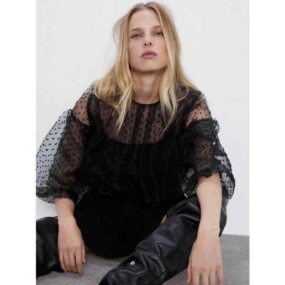Zara Sheer Black Polka Dot Puff Sleeve Dress.
Size M. - Picture 2 of 13